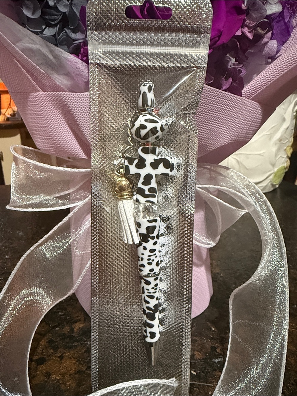 Black & White cow print Patterned Cross Pen with Tassel Accent